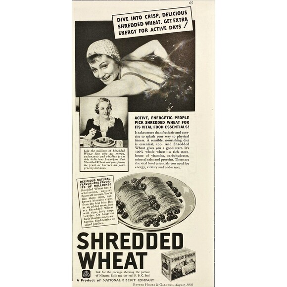 Shredded Wheat "Dive into Crisp Shredded Wheat. Extra Energy" VTG Print Ad 1936 - Picture 1 of 3
